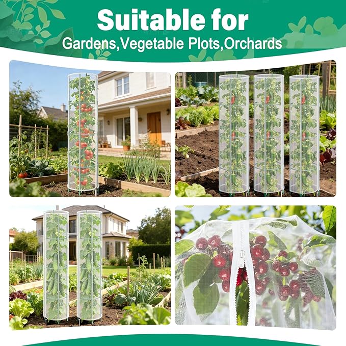 3 Pack Garden Bird Netting Plant Cover for Round Tomato Cage, 61"x13" Insect Bird Barrier Tomato Cage Net with Zipper & Drawstring, Tomato Trellis Netting Protection Cover for Protecting Plants