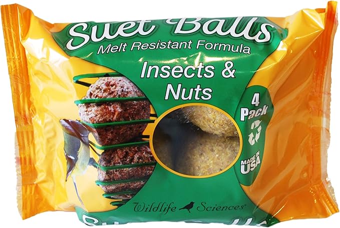 Wildlife Sciences Suet Balls 24 Pack, 6 Individually Wrapped Packs of 4 Bird Suet Balls (Insect and Nuts)