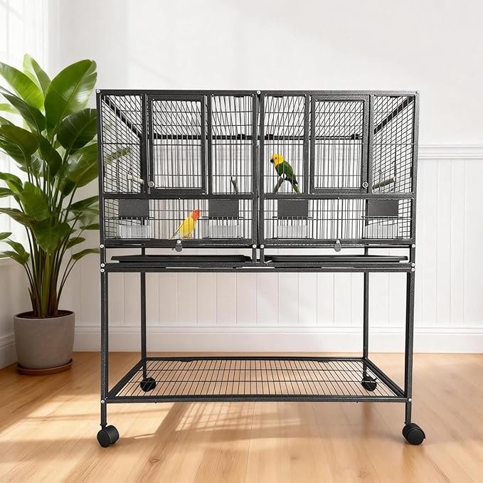 43 Inch Bird Cage with Wooden Perches, Standing Wrought Iron Birdcage with Wheels, Large Parrot Cage Bird Cages with Slide-Out Tray Water Bottle Feeder for Parakeets,Cockatiel, Canary,Pigeons