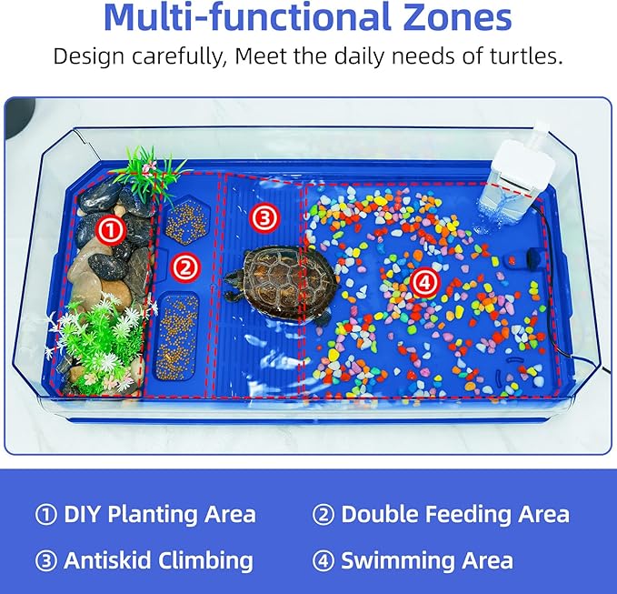 Turtle cage Tortoise Terrarium with Pump＆Filter with Shower Function Easy to Change Water and Clean Water for Turtle Horned Frog Hermit Crab Blue, L