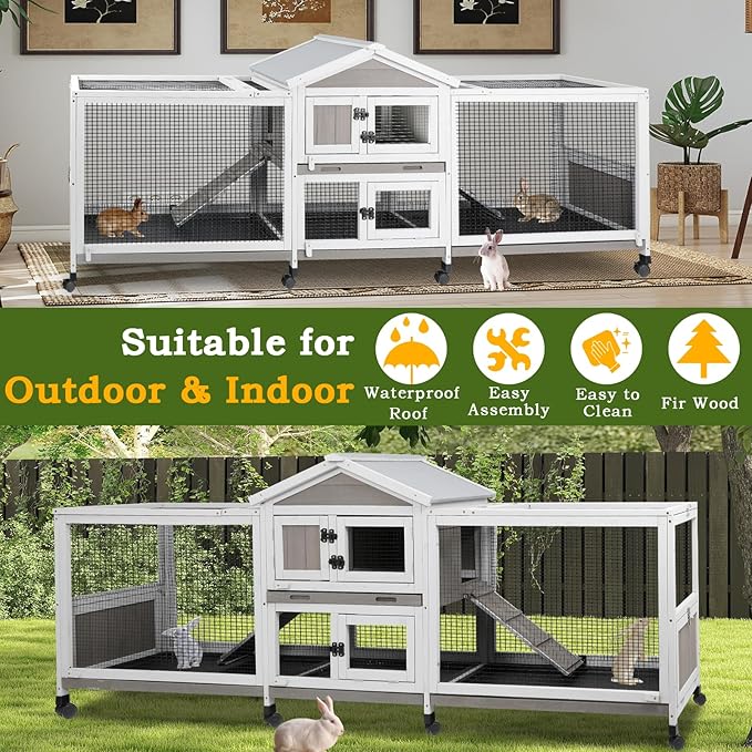 PetsCosset Double Rabbit Hutch Outdoor Indoor Large Bunny Cage with Dual Side Runs, 2-Story Wooden Hutch with 4 Leak Proof Trays, 8 Wheels, Waterproof Roof, Ramp, for Small to Medium Animals