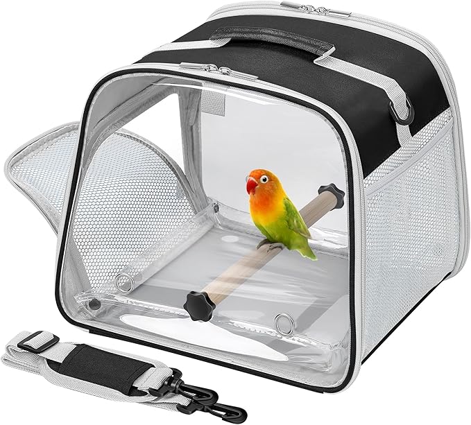 Suertree Small Bird Carrier, Large Window Travel Cage with Stand and Easy Clean Tray for Parrot Parakeet Cockatiels, Lightweight and Portable, Black