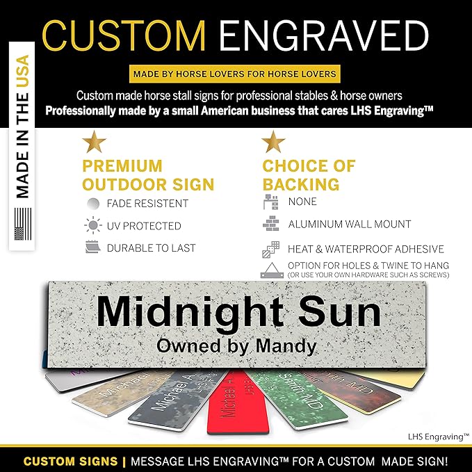 Personalized Horse Stall Name Plates, 2x10 Horse Stall Signs with Adhesive, All Weather UV Protected, Stone Granite Pattern Plastic Black Letters - Made in USA - S3