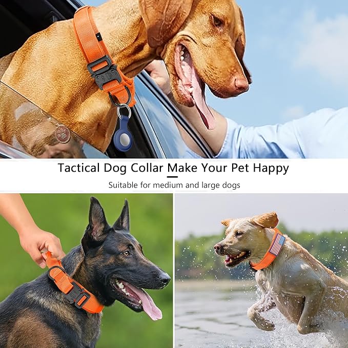 DAGANXI Tactical Dog Collar, Adjustable Military Training Nylon Dog Collar with Control Handle and Heavy Metal Buckle for Medium and Large Dogs, with Patches and Airtags Case (Orange, L)