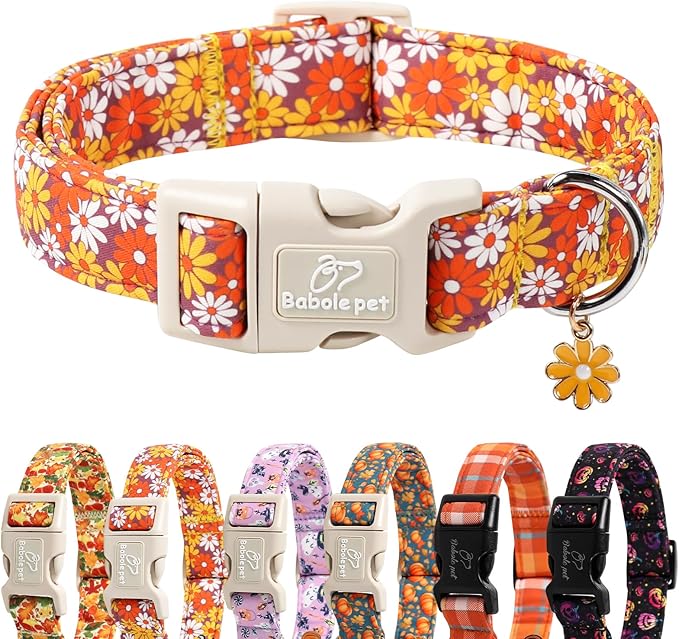 Fall Dog Collar Vintage Daisy Puppy Collar - Hippie Flower Dog Collars Light Comfortable Adjustable Pet Collars for Small Medium Large Girl Boy Dogs L