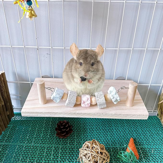 Hamster Wood Ledge Platform with Lava Stone Block Chew Toys Pet Cage Resting Wooden Shelf for Chinchilla Guinea Pig Gerbil Mouse Dwarf Hamster Cage Accessories