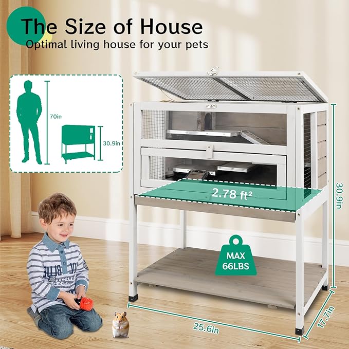 PetsCosset Guinea Pig Cages Hamster Cage Indoor with Stand Storage Wooden Outdoor Small Animals Habitat with Hideout House Pull Out Tray