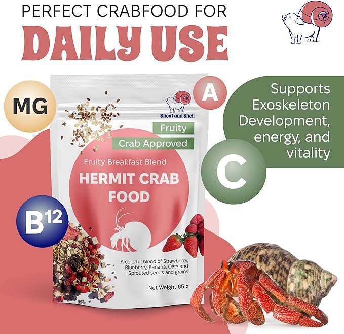 Natural Hermit Crab Food – High-Protein Hermit Food with Real Fruit and Sprouted Grains – 65 g (2.3 oz) Crab Food for Pet Hermit Crabs by Snout and Shell