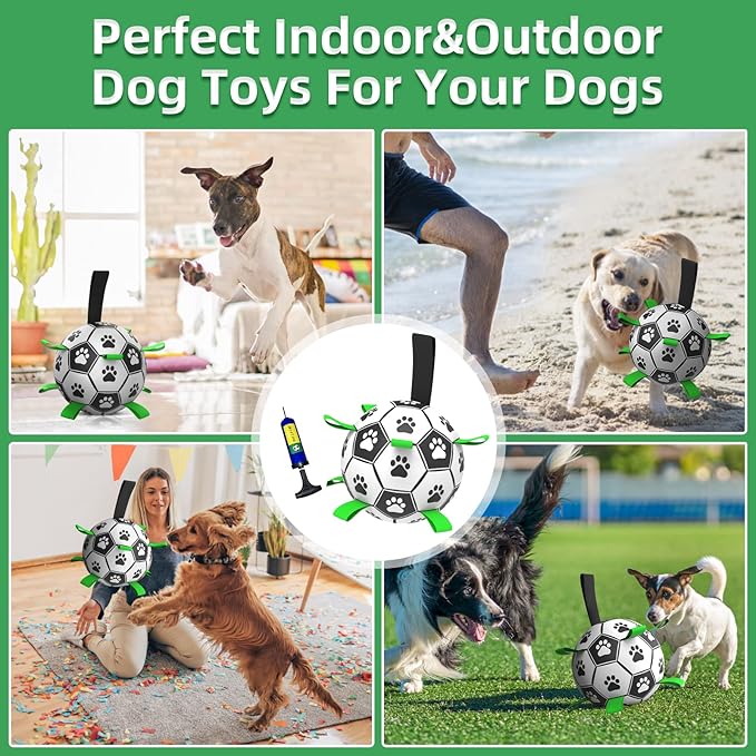 QDAN Dog Soccer Balls Toy with Bell Inside, Outdoor Interactive Dog Toys, Durable Ropes Squeaky Ball for Medium Large Dogs (8 Inch)