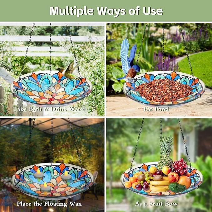MUMTOP Hanging Bird Bath-Bird Baths for Outdoors - 12 Inch Glass Bird Water Bowl Bird Feeders for Outside, Garden, Lawn Yard Decor