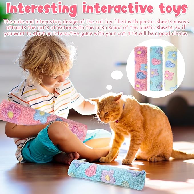 Civaner 6 Pcs Flower Toy Cat Catnip for Indoor Cat 10.6 Inch Kitten Kicker Stick Catnip Toy with Crinkle Sound Inside Interactive Soft Plush Kitten Pillow for Chew Exercise (Pink, Green, Yellow)