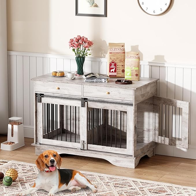 Dog Furniture Crate, 47" Large Dog Crate Furniture w/ 2 Storage Draws & Removable Divider for Large/Medium/Small Dogs (Grey, One Cage)