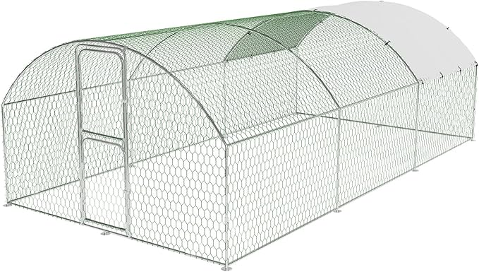 Large Metal Chicken Coop Run,Outdoor Walk-in Cage Peak Hen House with Waterproof and Anti-Uv Cover,Dome Roof Hen House with Security Lock for Outdoor,Backyard and Farm, 9.8 x 19.7 x 6.6 ft