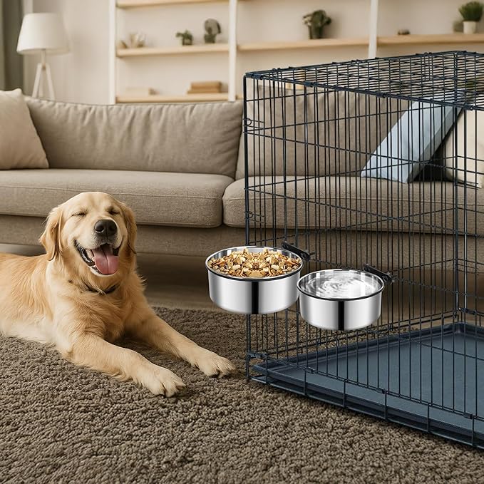 2 Pack Large Kennel Bowls Mountable,Dog Crate Water Bowl No Spill,Hanging Dog Bowl for Crate Cage,Stainless Steel Dogs Water Feeder Dish for Dogs Cats Bunny Ferret Bird,Silver