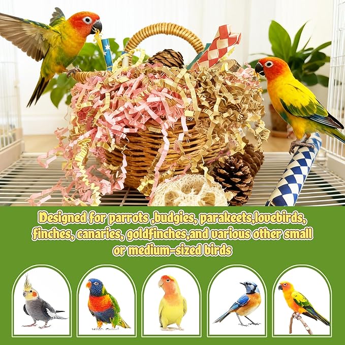 Natural Bird Toy Rattan Bird Foraging Box Parrot Shredding Toys Box Conure Chewing Toys for Cockatiel Lovebird Parakeet Budgie (Semi-Round 5.5inch)