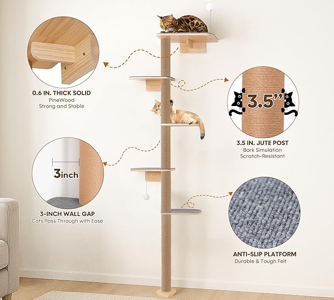 5-Tier Floor-to-Ceiling Cat Tree Tower, Upgraded Grey Felt Kittens Wall Shelves, Rotatable Platforms & 3-Inch Wall Gap, Wild Simulation Kitten Playground