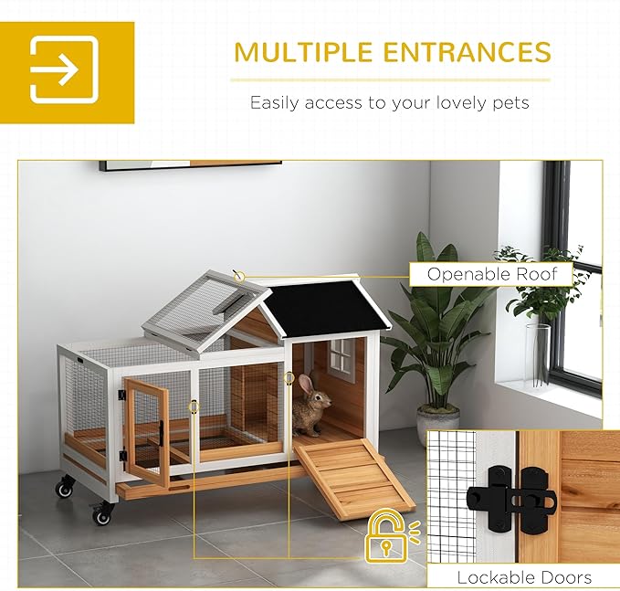 PawHut Wooden Rabbit Hutch with Wheels, Indoor Outdoor Large Bunny Hutch with Run & Slide-Out Tray for Small Animals, Rabbits, Chickens, Ducks, Guinea Pig, Yellow