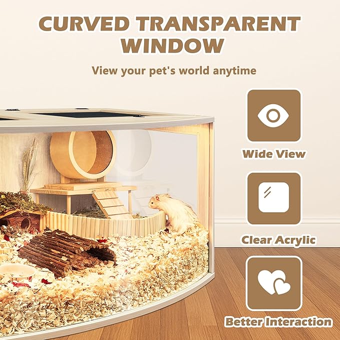 Prolee Hamster Cage Chew Proof Wood, Hamster Enclosure Openable Top with Curved Design,Waterproof Small Animals Cage with Acrylic Sheets for Gerbils,Hamsters Habitat (48"x20"x20")