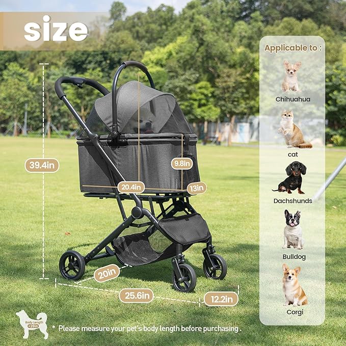 Wdyvko 3 in 1 Dog Stroller, Upgraded Frame, Up to 44lbs Pet Stroller with Dog Poop Bags & Dispenser, Zipperless Entry, Storage Basket & Pouch for Small Dogs Cats (Dark Grey)