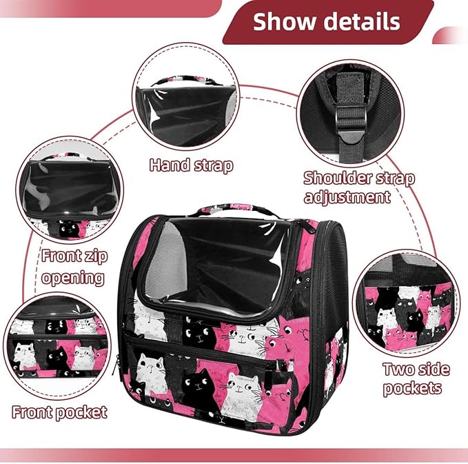 Cute Cats Pink (1) Pet Cat Backpack Carrier for Kitty Small Dog, Ventilated Pet Carrier Bag for Car, Walking, Hiking, Outdoors