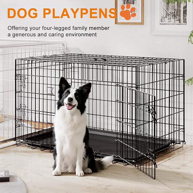 FDW Large Dog Crate 42inch Dog Cage Foldable Metal Kennel with Leakproof Tray Foldable Design Indoor Outdoor Use for Large Dogs,Black