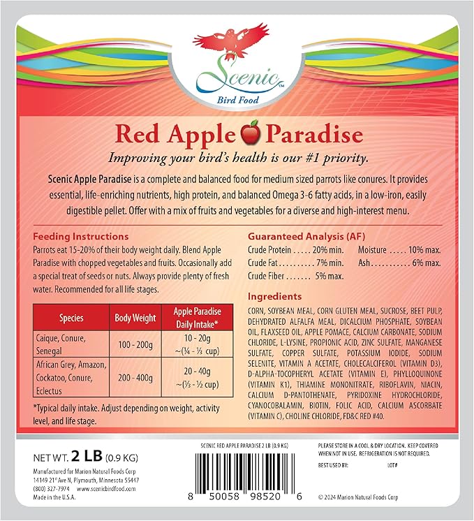 Scenic Apple Paradise Premium Parrot Food - Apple & Natural Flavors, High Protein, Low Iron Conure Bird Food, Eclectus & Other Small Pet Parrots, Omega 3, Vitamins & Minerals, 2 LB Bag