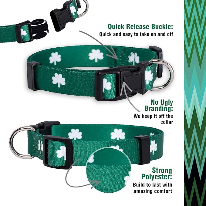 Native Pup St Patricks Dog Collar- Saint Patrick Green Shamrock Pet Collars- St. Patrick’s Lucky Irish- Cute Boy Girl Puppy Gift- Adjustable for Small, Medium, Large Breeds (Shamrock, Small)