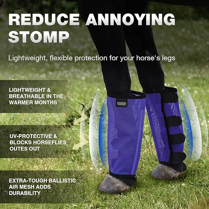 Harrison Howard Loose Fitting Fly Boots UV-Protective Extra Tough Mesh Ventilated Four Fasteners Stay-on Design Protect Horse Legs & Stomp-Reducing Set of 4 Deep Navy Yearling