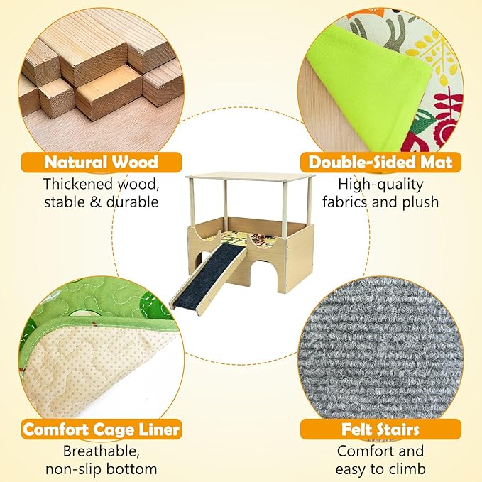 Fhiny Large Guinea Pig Hideout, 2 Tier Wooden Chinchilla Castle with Stair Bridge and Soft Mat Piggies House Small Animal Hideaway Hamster Habitat Decor for Chinchilla Hedgehog Hamster Gerbil Rat