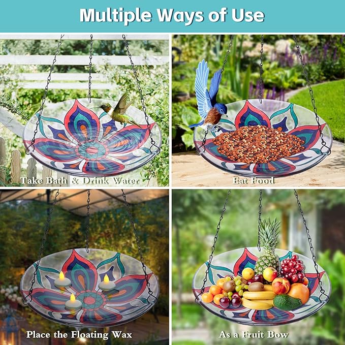 MUMTOP Hanging Bird Baths for Outdoors - Glass Bird Bath, 11 Inch Hanging Bird Bath Bird Feeder Bowl for Outside, Garden, Lawn Yard Decor (Colorful Kaleidoscope)