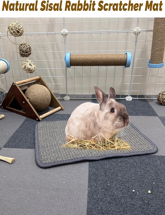Rabbit Scratching Pad 4 Pack Natural Sisal Bunny Scratcher Mat Bunny Scratch Foot Pad Small Animal Grinding Claw Pad Rug for Guinea Pigs Chinchillas (Gray)