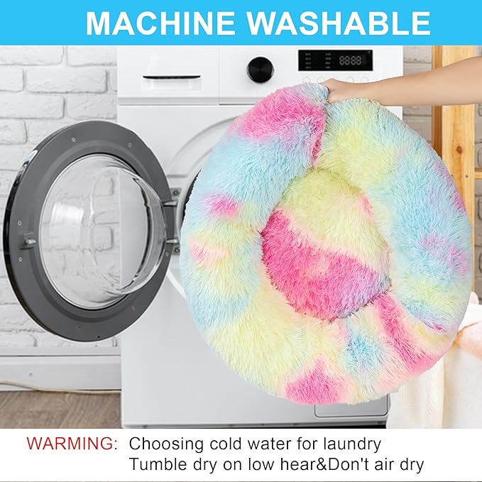 Dog Calming Beds for Small Medium Large Dogs - Round Donut Washable Puppy Dog Bed, Anti-Slip Faux Fur Fluffy Donut Cuddle Anxiety Cat Pet Bed(16'' Color)