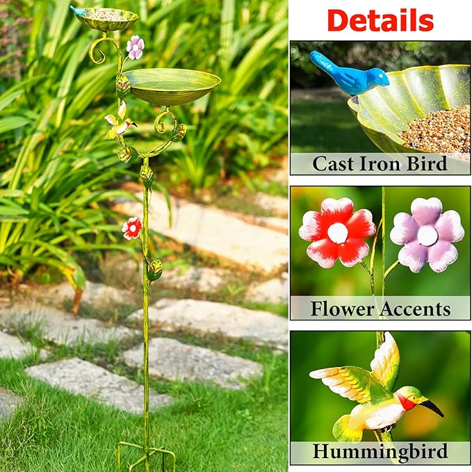 Bird Baths for Outdoors, 58" Tall Free Standing Bird Bath and Feeder Combo, Metal Birdbath with 5-Prong Stake for Outside, Decorative 2 in 1 Birdbaths Feeders for The Garden Yard Lawn