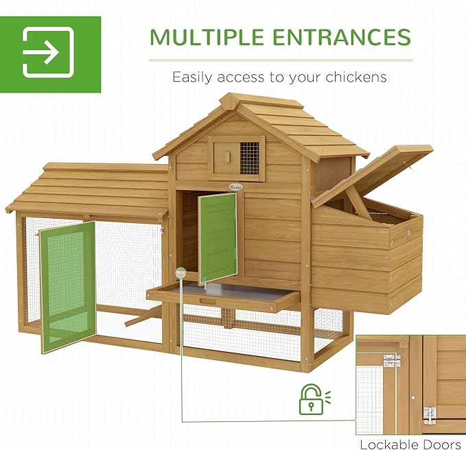 PawHut 59" Small Wooden Chicken coop Hen House Poultry Cage for Outdoor Backyard with 2 Doors, Nesting Box and Removable Tray, Natural Wood