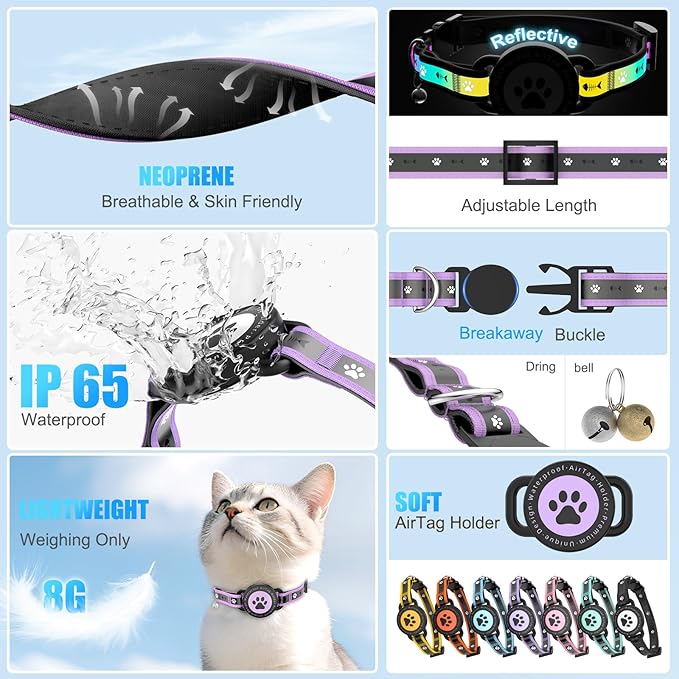 Airtag Cat Collar Breakaway, Reflective Cat Collar with AirTag Holder and Bell, Compatible with Apple Air Tag, Comfortable Padding, Adjustable, Durable (Purple, S)
