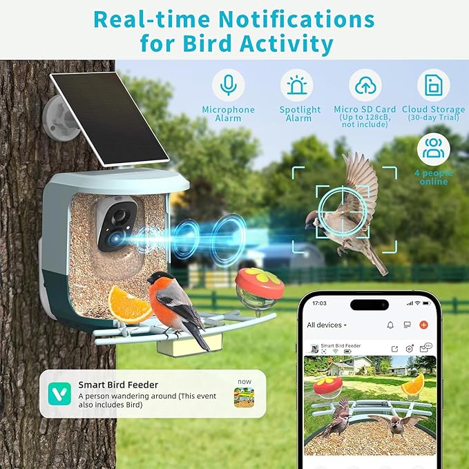 Smart Bird Feeder with Camera Solar Powered - 2K HD Video Camera AI Identify Birds, Send Real-time Notifications & Instant Arrival Alerts- Weatherproof Design,Birds Lover Gifts