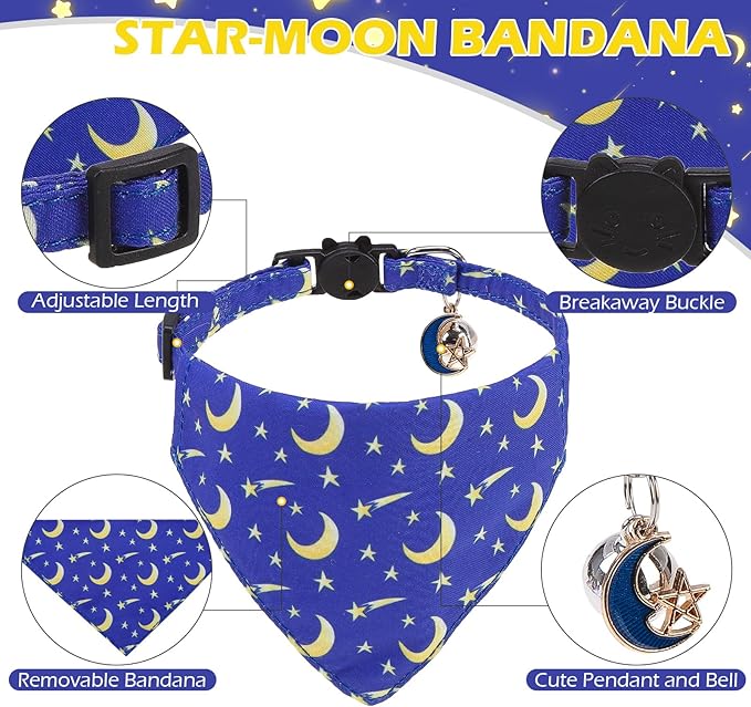 EXPAWLORER Cute Cat Collar Breakaway with Bells - 2 Pack Adjustable Pet Collar with Removable Bow Tie and Bandana, Safety Buckle for Girl Boy Cats Kitten, Star-Moon