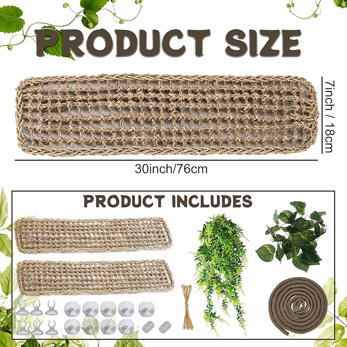 Tfwadmx 2Pcs Large Bearded Dragon Hammock Lizard Lounger Natural Seagrass Fiber Reptile Habitat Decor with Leaves Rattan Plant for Geckos Snakes