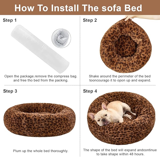 Dog Calming Beds for Small Medium Large Dogs - Round Donut Washable Puppy Dog Bed, Anti-Slip Faux Fur Fluffy Donut Cuddle Anxiety Cat Pet Bed (28" Leopard Print)