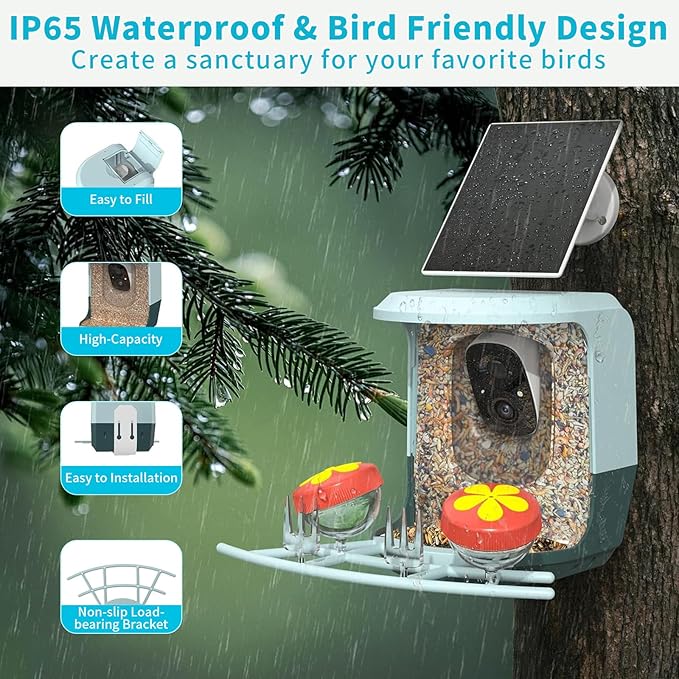 Smart Bird Feeder with Camera Solar Powered - 2K HD Video Camera AI Identify Birds, Send Real-time Notifications & Instant Arrival Alerts- Weatherproof Design,Birds Lover Gifts