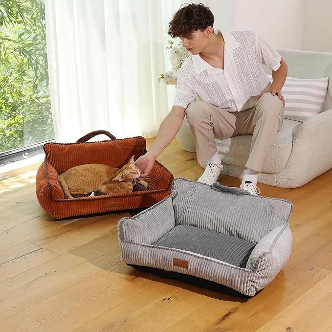 FUKUMARU Dog Couch Bed, Fluffy Corduroy Cat Beds for Indoor Cats with Washable Cover, Waterproof Small Dog Sofa Beds with Portable Handle and Anti-Slip Bottom, Pet Beds & Furniture 28inch, Orange