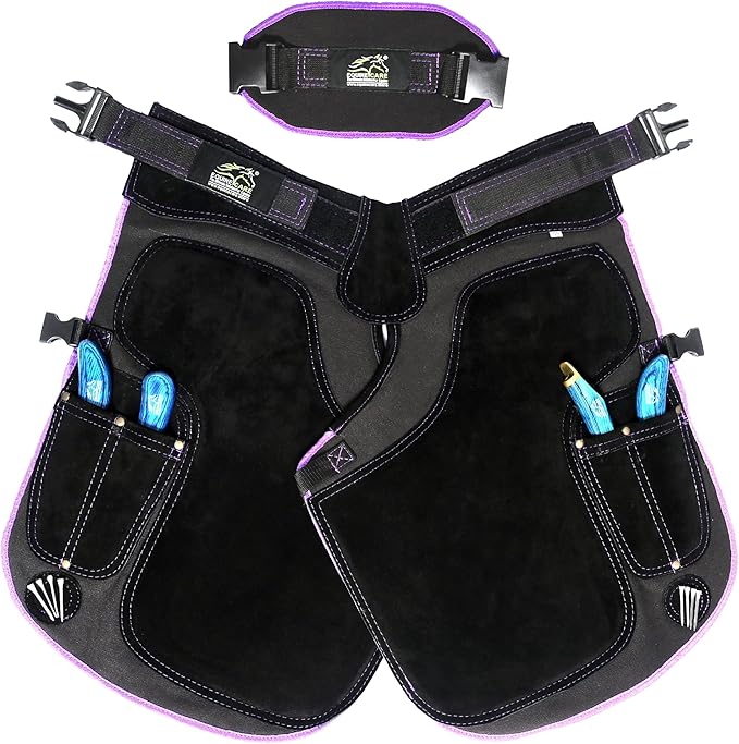 Equine Care Women’s Farrier Apron Chaps 23″ – Leather & Canvas, Adjustable 28–52″ Waist, EVA Padded Knees, Lumbar Support, 4 Knife Pockets & Nail Magnets for Hoof Trimming (Black with Purple Piping)