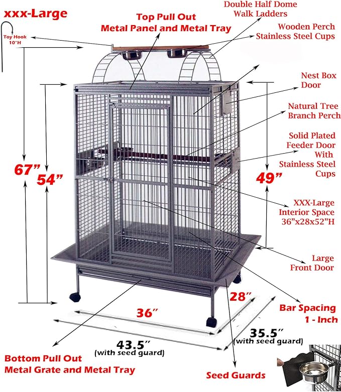XXX-Large 36"x28"x68"H Double Ladders Open Play Top Wrought Iron Bird Parrot Parttot Finch Macaw Cockatoo Cage, Include Seed Guard and Toy Hook
