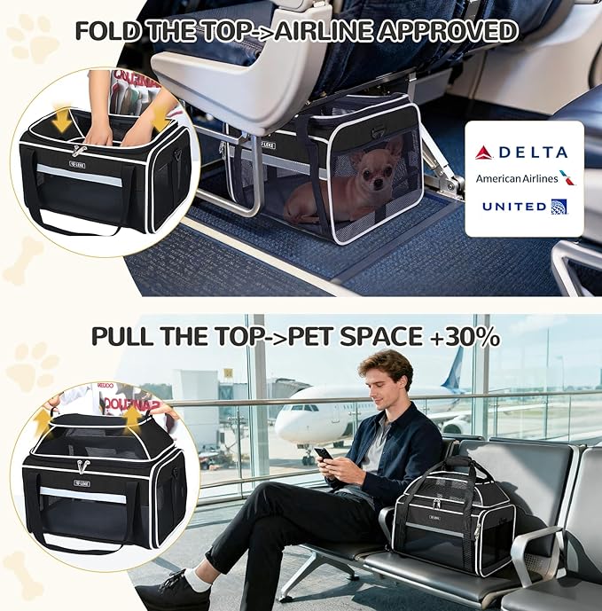 Lekereise Top-Expandable Pet Carrier 18x11x11Inch Delta American United Airline Approved Soft Sided Underseat to 15lbs Travel Carriers for Small Dogs Cats with Locking Safety Zippers Anti-Scratch Mesh