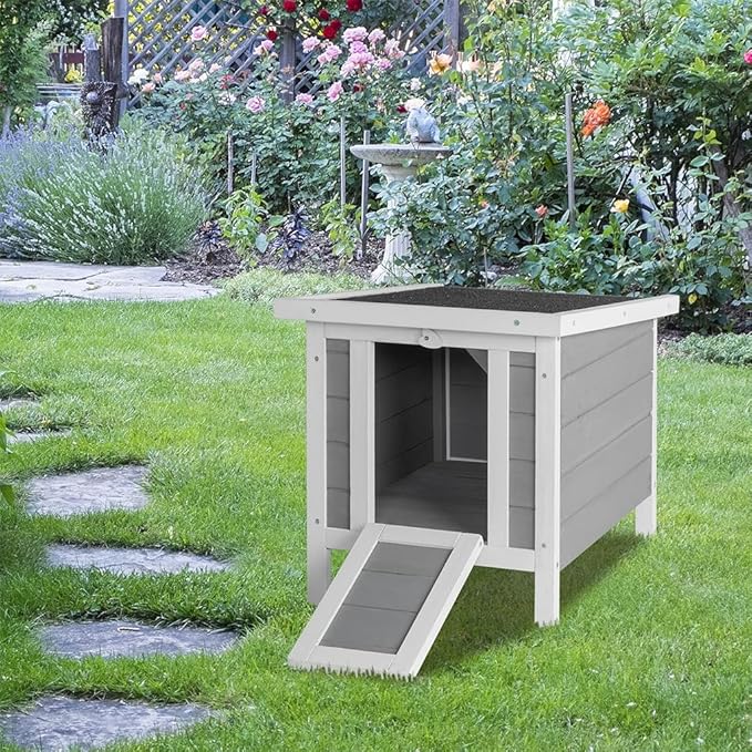 Wooden Bunny House Rabbit Cat Hutch, Feral Cats Outdoor Weatherproof Rabbit Hutch w/Ramp, Lockable Doors, Openable Top, Small Pet House for Rabbits, Bunnies, Guinea Pigs, 16.5" x 20.5" x 17.3"