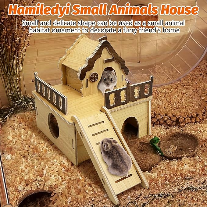 Hamiledyi Wooden Hamster House Hideout Mouse House with Ladder and Platform Cute Habitat Hut Small Animals Cage Accessories for Dwarf Hamster Mice Gerbil and Other Similar Sized Animals