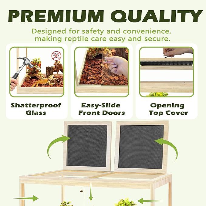 Prolee Tempered Glass Bearded Dragon Tank 37 Gallon, Lizard Tank, Reptile Tank with Metal Mesh Roof Door, Snake Tank with Lock Design, 32" Long, Oak