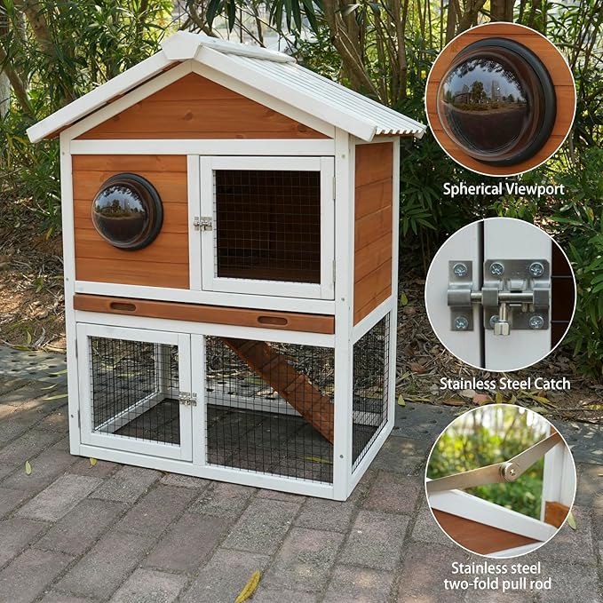 Wooden Rabbit Hutch with Matching PVC Material, Protected from Wind, rain and Snow, Rabbit House with ramped Stairs, Lockable Door, Ball Windows and Breathable mesh Door with Removable Tray.（84965）