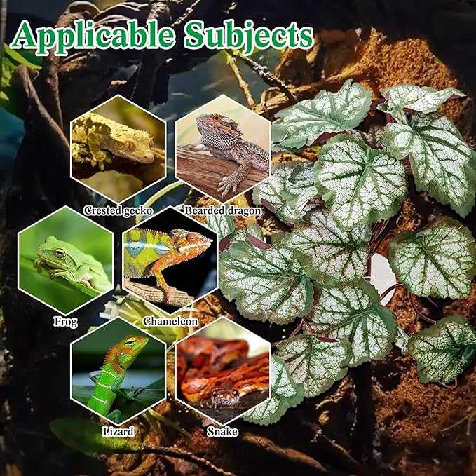 VCEPJH Reptile Plants with Suction Cup Amphibian Habitat Decor 2 Pcs Artificial Leaves for Terrarium Decor Crested Gecko Tank Accessories for Bearded Dragon, Lizard, Snake (Red Saxifrage)