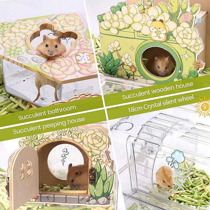 Acrylic Hamster Cage with All Accessories,Dwarf Hamster Cage with Stand,Syrian Mouse Cage for pet mice,Rat Cage for Hamster,Succulent Style Hamster House（19.84''L*11.42''W*10.39''H）
